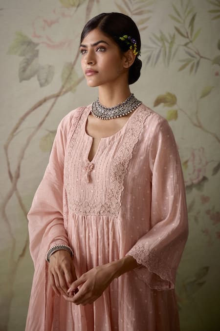 Buy_Kritika Dawar_Pink Chanderi, Cotton Lace, Beads Split V-neck A-line Kurta Pant Set _Online_at_Aza_Fashions