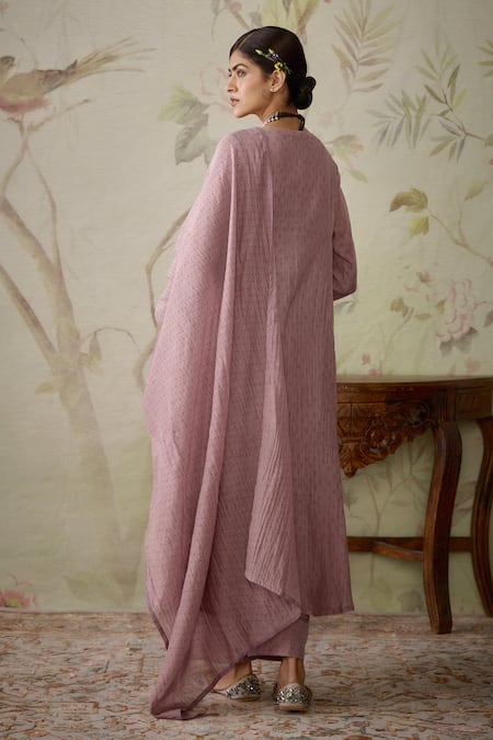 Kritika Dawar Purple Chanderi, Cotton Embroidery, Lace V-neck Floral Block Print Kurta Set Online at Aza Fashions Kritika Dawar_Purple Chanderi, Cotton Embroidery, Lace V-neck Floral Block Print Kurta Set _Online_at_Aza_Fashions