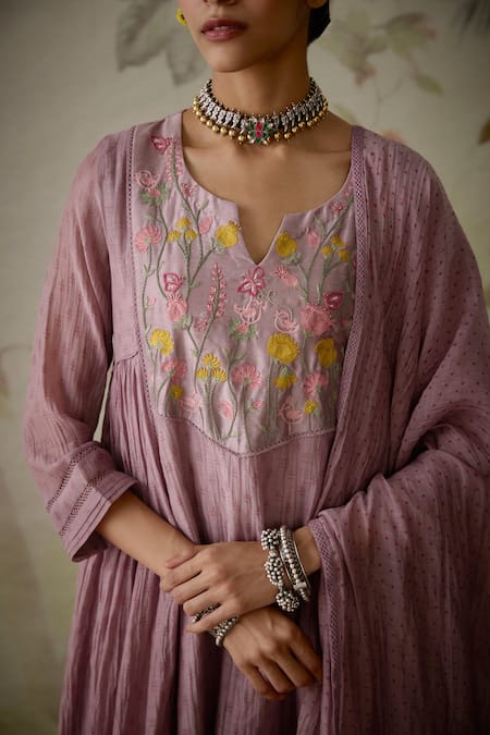 Shop Kritika Dawar Purple Chanderi, Cotton Embroidery, Lace V-neck Floral Block Print Kurta Set Online at Aza Fashions Shop_Kritika Dawar_Purple Chanderi, Cotton Embroidery, Lace V-neck Floral Block Print Kurta Set _Online_at_Aza_Fashions