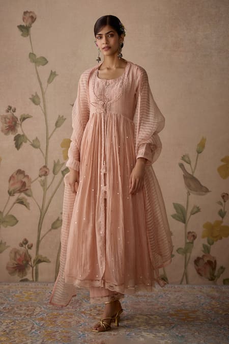 Kritika Dawar Pink Cotton, Chanderi, Organza Sequins, Hand Embroidered Jacket Anarkali Set Online at Aza Fashions Kritika Dawar_Pink Cotton, Chanderi, Organza Sequins, Hand Embroidered Jacket Anarkali Set _Online_at_Aza_Fashions