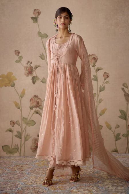 Buy Kritika Dawar Pink Cotton, Chanderi, Organza Sequins, Hand Embroidered Jacket Anarkali Set Online at Aza Fashions Buy_Kritika Dawar_Pink Cotton, Chanderi, Organza Sequins, Hand Embroidered Jacket Anarkali Set _Online_at_Aza_Fashions