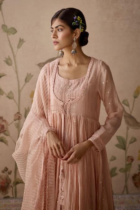 Shop Kritika Dawar Pink Cotton, Chanderi, Organza Sequins, Hand Embroidered Jacket Anarkali Set Online at Aza Fashions Shop_Kritika Dawar_Pink Cotton, Chanderi, Organza Sequins, Hand Embroidered Jacket Anarkali Set _Online_at_Aza_Fashions