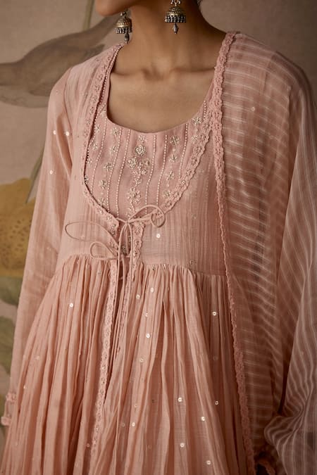 Kritika Dawar Pink Cotton, Chanderi, Organza Sequins, Hand Embroidered Jacket Anarkali Set at Aza Fashions Kritika Dawar_Pink Cotton, Chanderi, Organza Sequins, Hand Embroidered Jacket Anarkali Set _at_Aza_Fashions