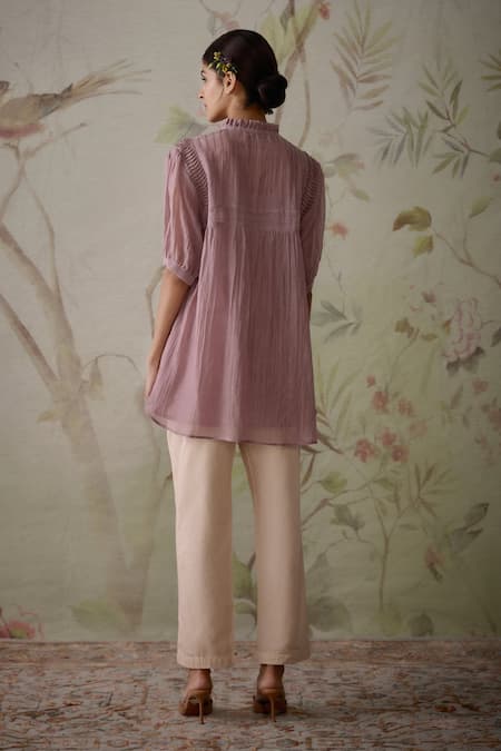 Shop_Kritika Dawar_Purple Chanderi Embroidery High Neck Pintucked Short Tunic _at_Aza_Fashions