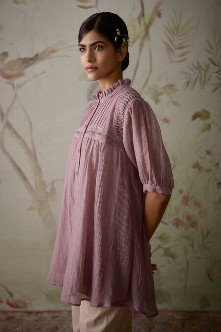 Kritika Dawar_Purple Chanderi Embroidery High Neck Pintucked Short Tunic _Online_at_Aza_Fashions