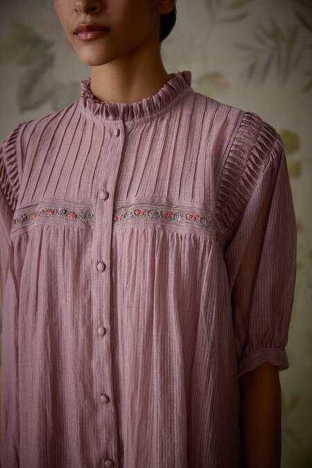 Buy_Kritika Dawar_Purple Chanderi Embroidery High Neck Pintucked Short Tunic _Online_at_Aza_Fashions