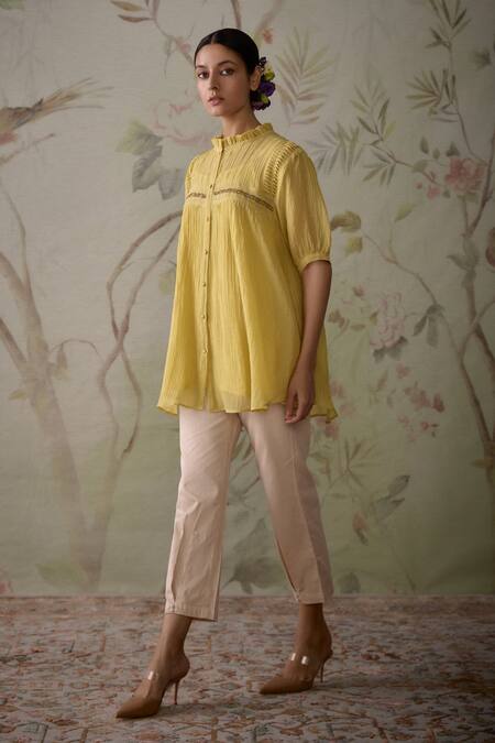Kritika Dawar_Yellow Chanderi Embroidery High Neck Short Pintucked Tunic _Online_at_Aza_Fashions