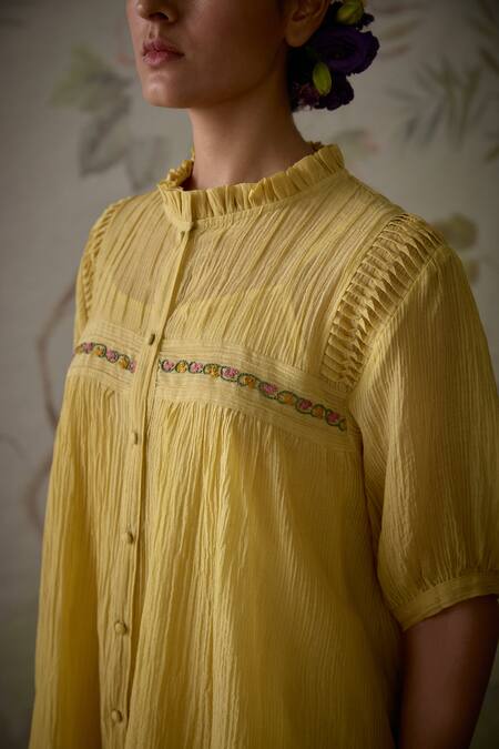 Shop Kritika Dawar Yellow Chanderi, Cotton Embroidery High Neck Short Pintucked Tunic And Pant Set Online at Aza Fashions Shop_Kritika Dawar_Yellow Chanderi, Cotton Embroidery High Neck Short Pintucked Tunic And Pant Set _Online_at_Aza_Fashions