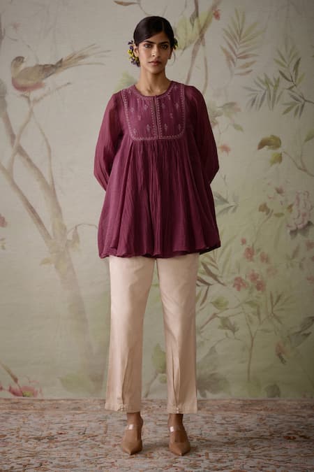 Kritika Dawar_Wine Chanderi Embroidery Round Neck Handwoven Flared Short Tunic _Online_at_Aza_Fashions