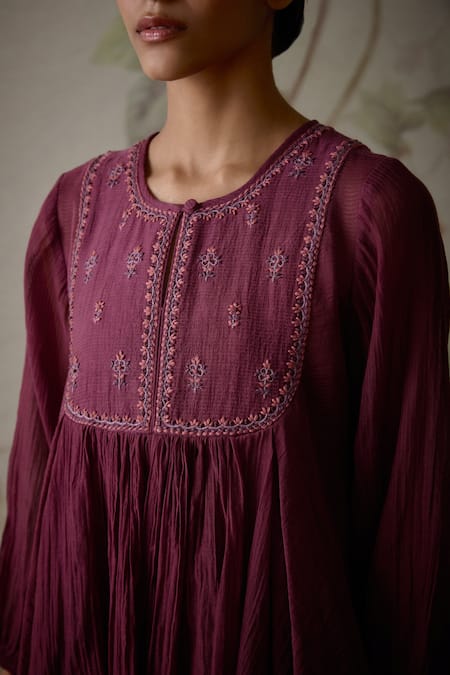Buy_Kritika Dawar_Wine Chanderi Embroidery Round Neck Handwoven Flared Short Tunic _Online_at_Aza_Fashions