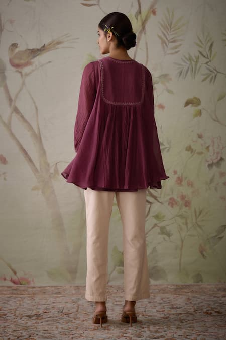 Shop Kritika Dawar Wine Chanderi, Cotton Embroidery Round Handwoven Flared Short Tunic With Pant at Aza Fashions Shop_Kritika Dawar_Wine Chanderi, Cotton Embroidery Round Handwoven Flared Short Tunic With Pant _at_Aza_Fashions
