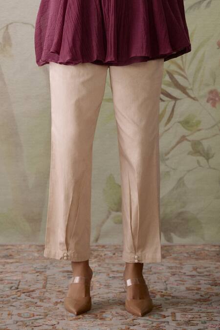 Kritika Dawar Wine Chanderi, Cotton Embroidery Round Handwoven Flared Short Tunic With Pant Online at Aza Fashions Kritika Dawar_Wine Chanderi, Cotton Embroidery Round Handwoven Flared Short Tunic With Pant _Online_at_Aza_Fashions