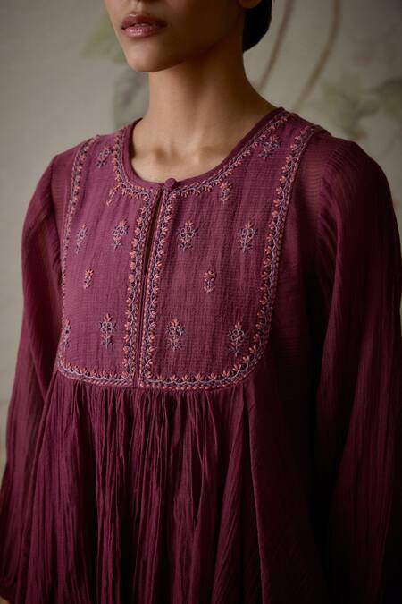 Shop Kritika Dawar Wine Chanderi, Cotton Embroidery Round Handwoven Flared Short Tunic With Pant Online at Aza Fashions Shop_Kritika Dawar_Wine Chanderi, Cotton Embroidery Round Handwoven Flared Short Tunic With Pant _Online_at_Aza_Fashions