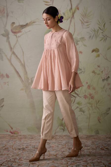 Kritika Dawar_Pink Chanderi Embroidery Round Neck Handwoven Flared Tunic _Online_at_Aza_Fashions