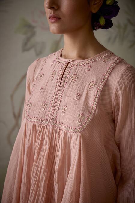 Buy_Kritika Dawar_Pink Chanderi Embroidery Round Neck Handwoven Flared Tunic _Online_at_Aza_Fashions