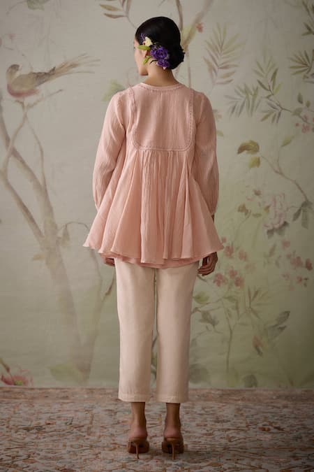 Shop Kritika Dawar Pink Chanderi, Cotton Embroidery Round Neck Handwoven Flared Tunic With Pant at Aza Fashions Shop_Kritika Dawar_Pink Chanderi, Cotton Embroidery Round Neck Handwoven Flared Tunic With Pant _at_Aza_Fashions