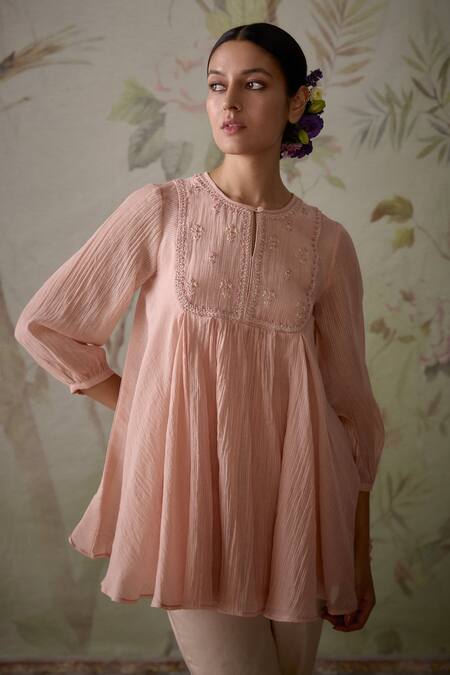 Kritika Dawar Pink Chanderi, Cotton Embroidery Round Neck Handwoven Flared Tunic With Pant Online at Aza Fashions Kritika Dawar_Pink Chanderi, Cotton Embroidery Round Neck Handwoven Flared Tunic With Pant _Online_at_Aza_Fashions