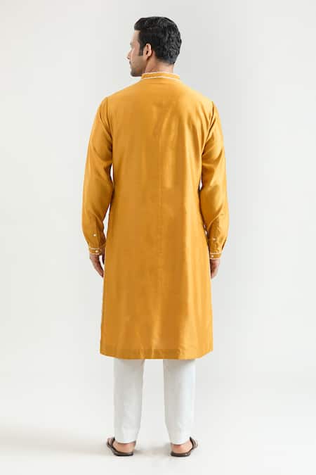Shop_Countrymade_Yellow Chanderi Embroidery Placed Thread Work Kurta Set _at_Aza_Fashions