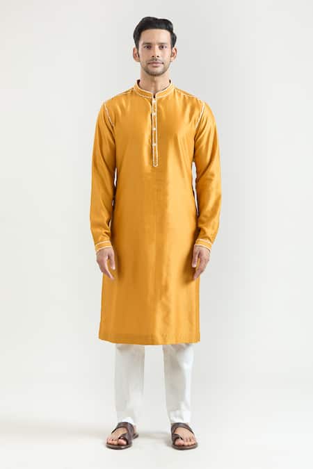 Buy_Countrymade_Yellow Chanderi Embroidery Placed Thread Work Kurta Set _Online_at_Aza_Fashions