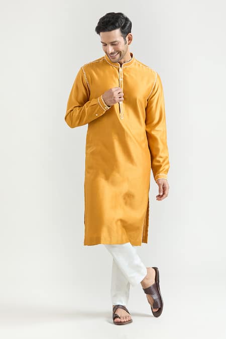 Shop_Countrymade_Yellow Chanderi Embroidery Placed Thread Work Kurta Set _Online_at_Aza_Fashions