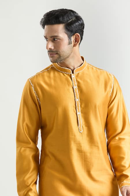 Countrymade_Yellow Chanderi Embroidery Placed Thread Work Kurta Set _at_Aza_Fashions