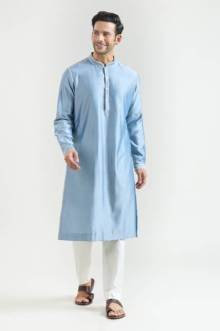 Countrymade_Blue Chanderi Embroidery Placed Thread Kurta Set _Online_at_Aza_Fashions