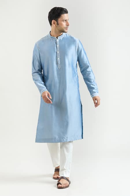 Buy_Countrymade_Blue Chanderi Embroidery Placed Thread Kurta Set _Online_at_Aza_Fashions