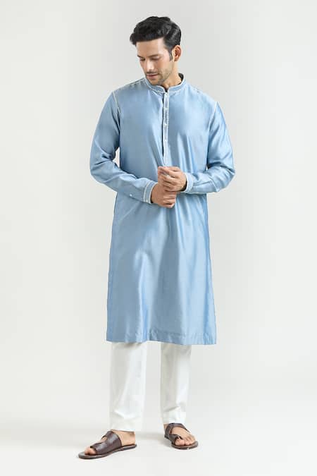 Shop_Countrymade_Blue Chanderi Embroidery Placed Thread Kurta Set _Online_at_Aza_Fashions
