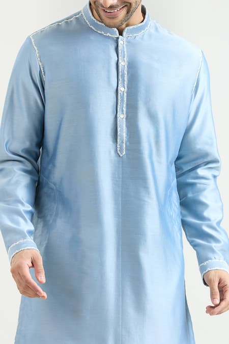 Countrymade_Blue Chanderi Embroidery Placed Thread Kurta Set _at_Aza_Fashions