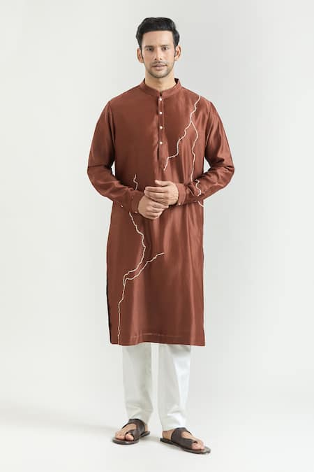 Countrymade Brown Chanderi Hand Embroidered Abstract Lightning Kurta Set 