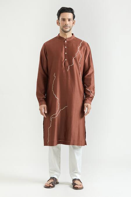 Countrymade Brown Chanderi Embroidery Abstract Lightning Kurta Set Online at Aza Fashions Countrymade_Brown Chanderi Embroidery Abstract Lightning Kurta Set _Online_at_Aza_Fashions