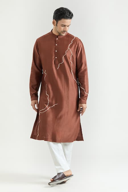 Buy Countrymade Brown Chanderi Embroidery Abstract Lightning Kurta Set Online at Aza Fashions Buy_Countrymade_Brown Chanderi Embroidery Abstract Lightning Kurta Set _Online_at_Aza_Fashions