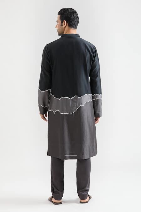 Shop_Countrymade_Black Chanderi Embroidery Color Block Kurta Set _at_Aza_Fashions