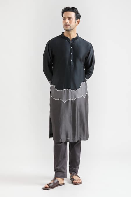 Buy_Countrymade_Black Chanderi Embroidery Color Block Kurta Set _Online_at_Aza_Fashions