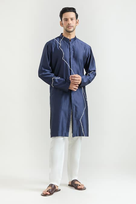 Countrymade Blue Chanderi Hand Embroidered Abstract Kurta Set 