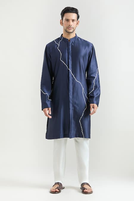 Countrymade_Blue Chanderi Embroidery Abstract Kurta Set _Online_at_Aza_Fashions