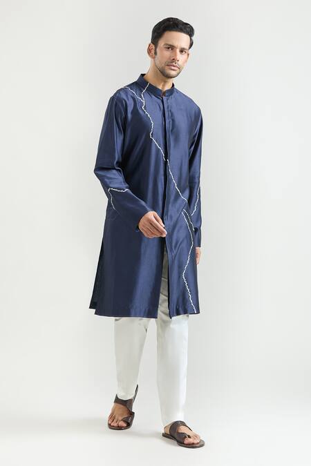Buy_Countrymade_Blue Chanderi Embroidery Abstract Kurta Set _Online_at_Aza_Fashions