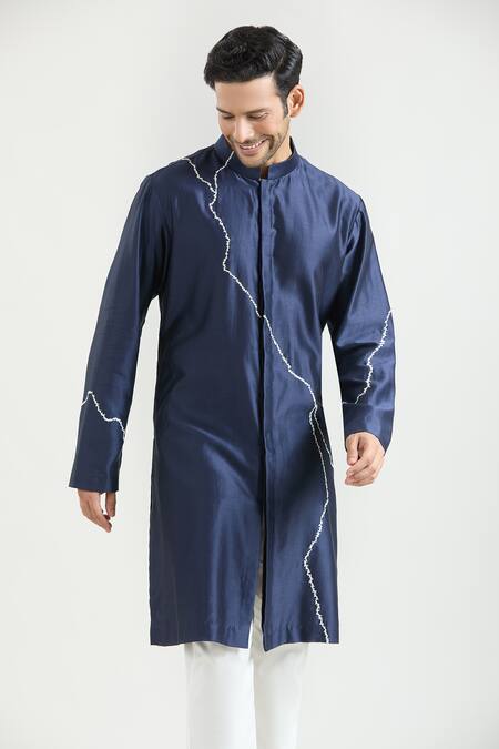 Shop_Countrymade_Blue Chanderi Embroidery Abstract Kurta Set _Online_at_Aza_Fashions