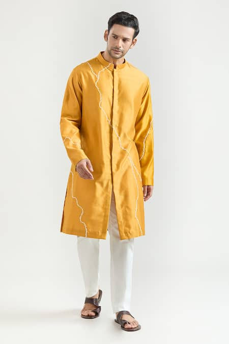 Countrymade Yellow Chanderi Hand Embroidered Abstract Kurta Set 