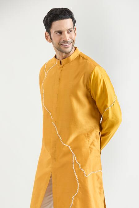 Shop Countrymade Yellow Chanderi Embroidery Abstract Kurta Set Online at Aza Fashions Shop_Countrymade_Yellow Chanderi Embroidery Abstract Kurta Set _Online_at_Aza_Fashions