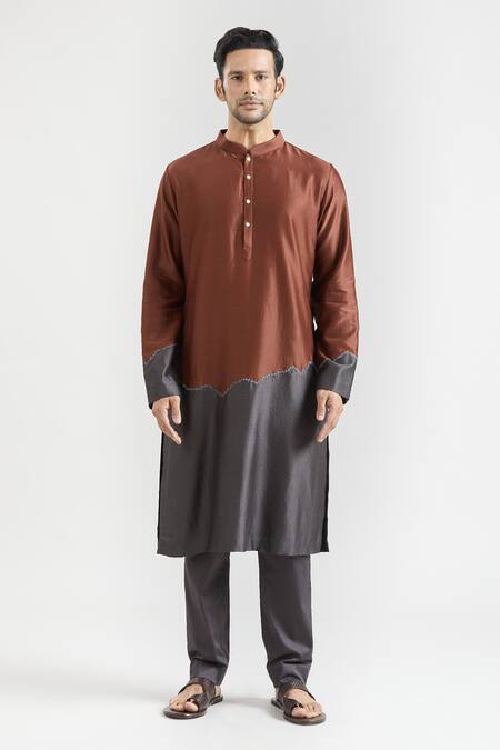 Countrymade_Brown Chanderi Hand Embroidered Abstract Color Block Kurta Set _Online_at_Aza_Fashions