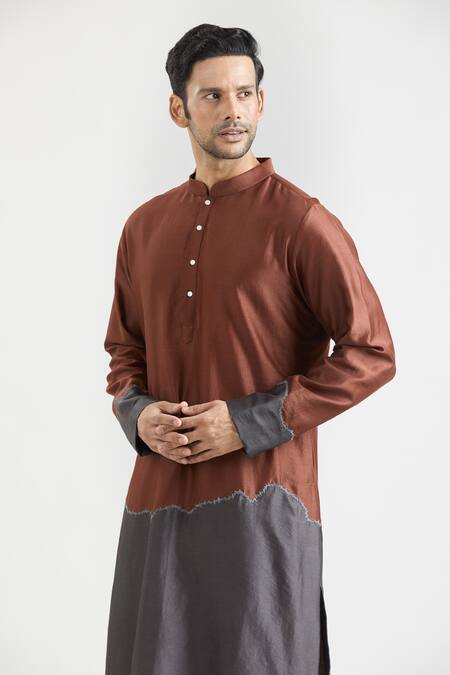 Countrymade_Brown Chanderi Hand Embroidered Abstract Color Block Kurta Set _at_Aza_Fashions