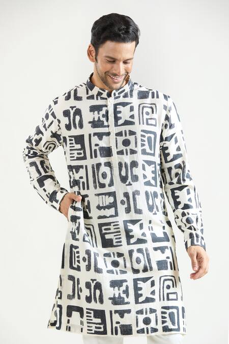 Shop_Countrymade_Black Silk Printed Abstract Kurta _Online_at_Aza_Fashions