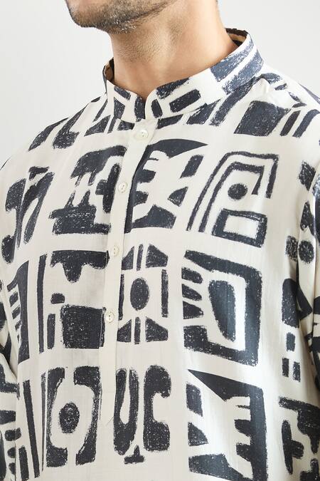 Countrymade_Black Silk Printed Abstract Kurta _at_Aza_Fashions