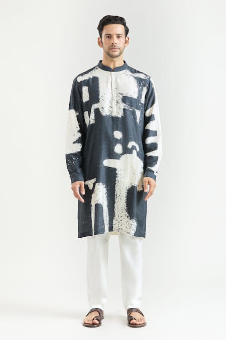 Buy_Countrymade_Black Silk Printed Abstract Kurta _Online_at_Aza_Fashions