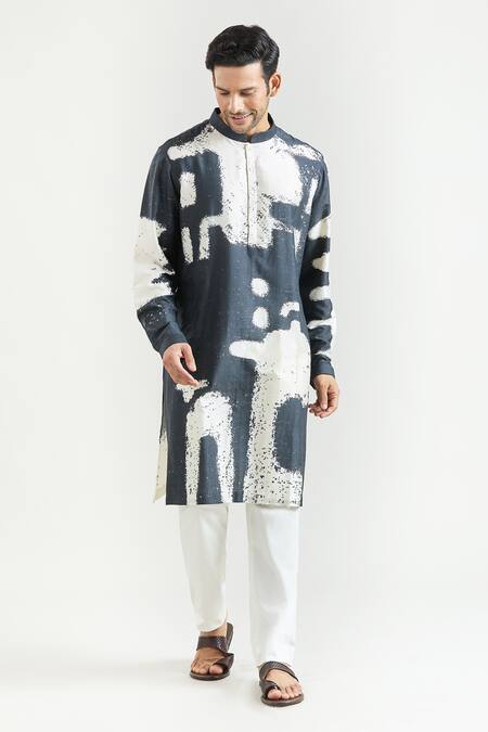 Shop_Countrymade_Black Silk Printed Abstract Kurta _Online_at_Aza_Fashions