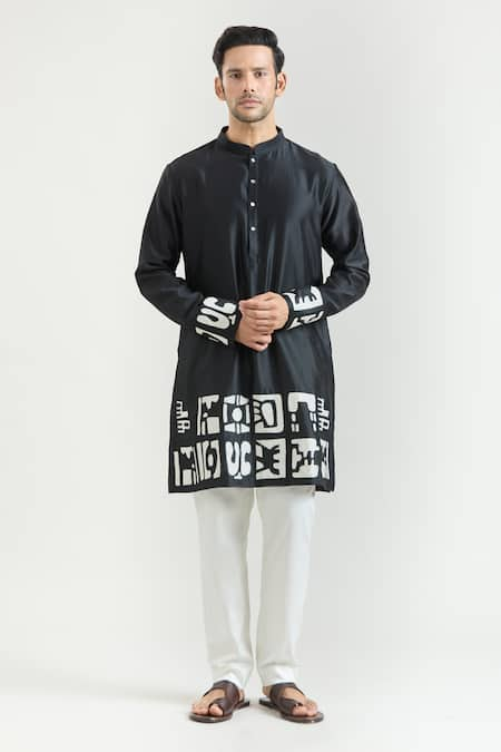 Countrymade Black Chanderi Hand Embroidered Abstract Placed Kurta Set 