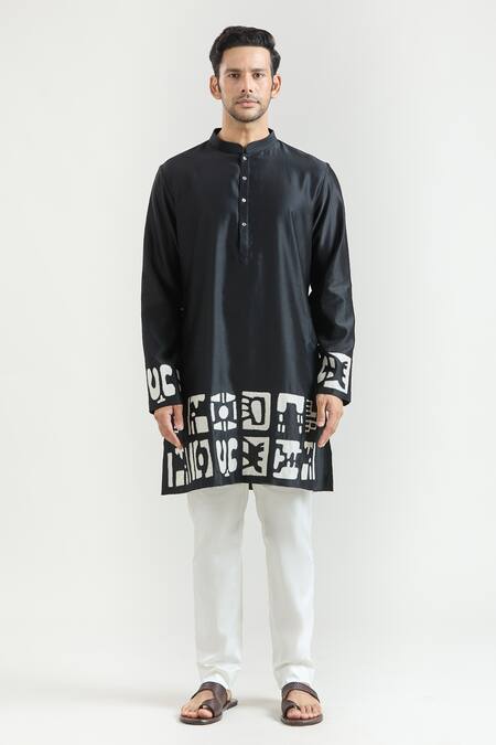 Countrymade_Black Chanderi Embroidery Abstract Placed Kurta Set _Online_at_Aza_Fashions