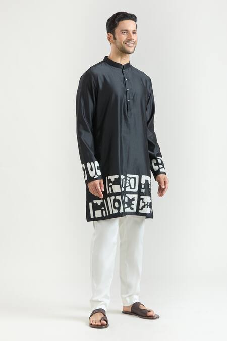 Buy_Countrymade_Black Chanderi Embroidery Abstract Placed Kurta Set _Online_at_Aza_Fashions