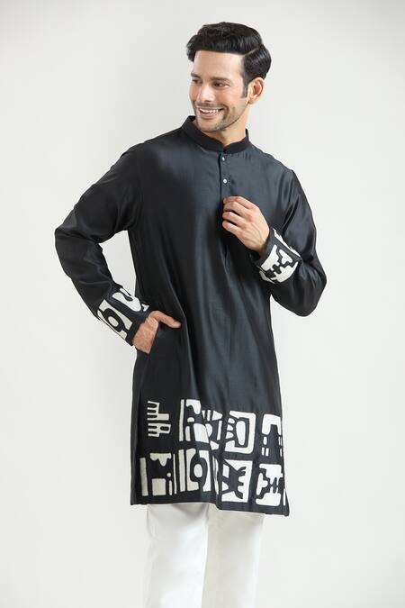 Shop_Countrymade_Black Chanderi Embroidery Abstract Placed Kurta Set _Online_at_Aza_Fashions